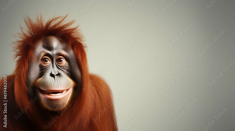 Orangutang Looking at the Camera. Solid color background with empty space for text. Web Banner template. Generative AI