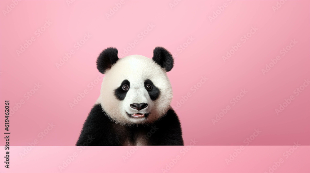 Naklejka premium Panda Looking at the Camera. Solid color background with empty space for text. Web Banner template. Generative AI