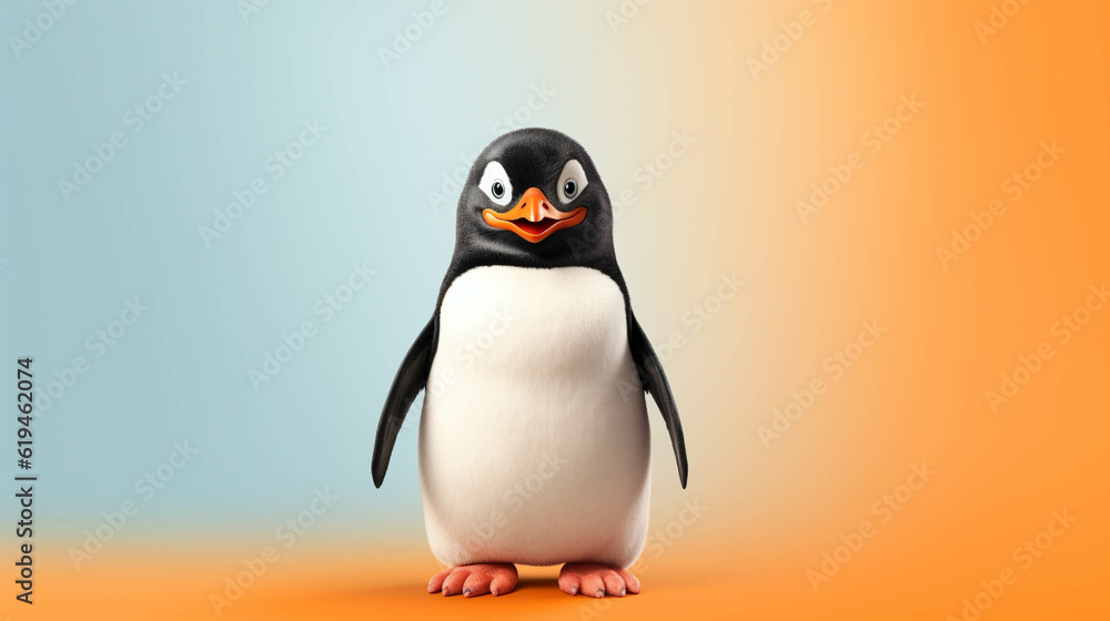 Fototapeta premium Penguin Looking at the Camera. Solid color background with empty space for text. Web Banner template. Generative AI