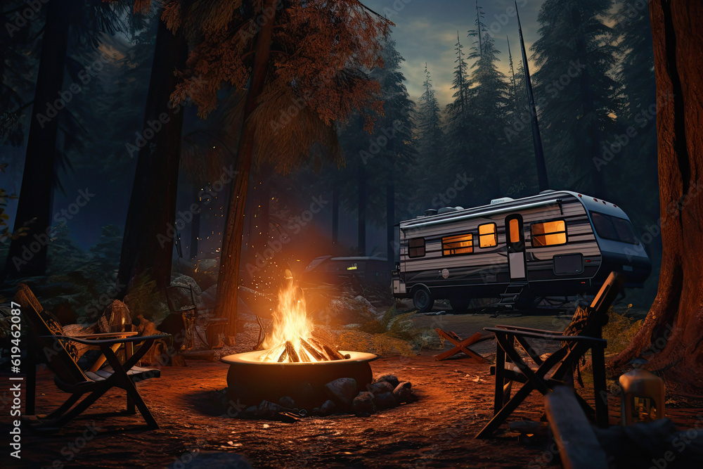 a campfire in the forest, realistic, rv, camper, caravan. ai generative