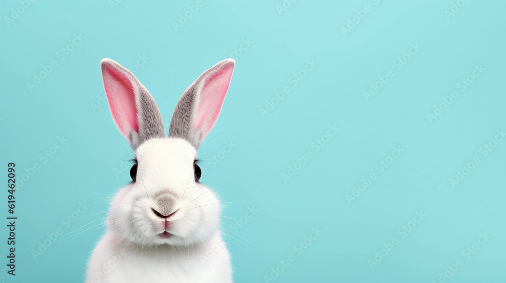 Rabbit Looking at the Camera. Solid color background with empty space for text. Web Banner template. Generative AI