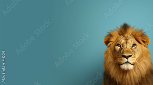 Lion Looking at the Camera. Solid color background with empty space for text. Web Banner template. Generative AI
