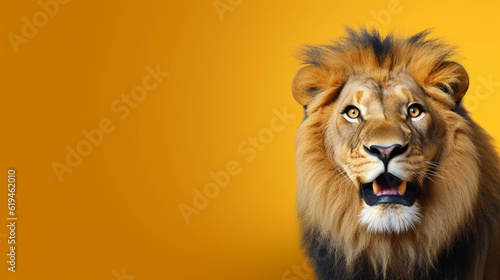 Lion Looking at the Camera. Solid color background with empty space for text. Web Banner template. Generative AI © s1llu