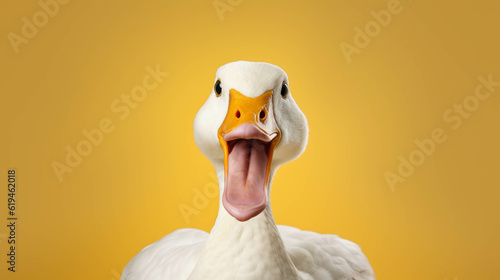 Goose Looking at the Camera. Solid color background with empty space for text. Web Banner template. Generative AI photo