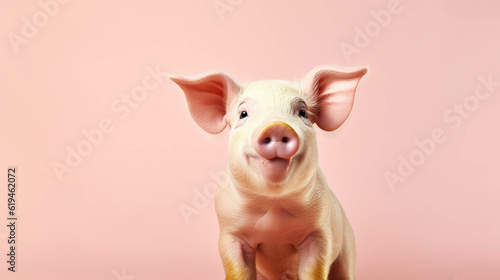 Pig Looking at the Camera. Solid color background with empty space for text. Web Banner template. Generative AI