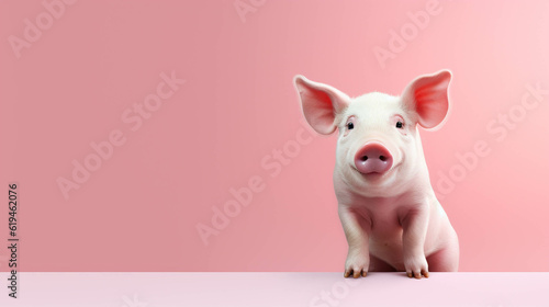 Pig Looking at the Camera. Solid color background with empty space for text. Web Banner template. Generative AI © s1llu