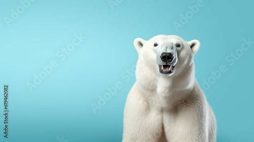 Polar bear Looking at the Camera. Solid color background with empty space for text. Web Banner template. Generative AI