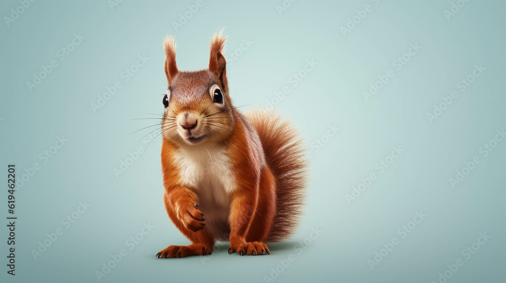 Squirrel Looking at the Camera. Solid color background with empty space for text. Web Banner template. Generative AI