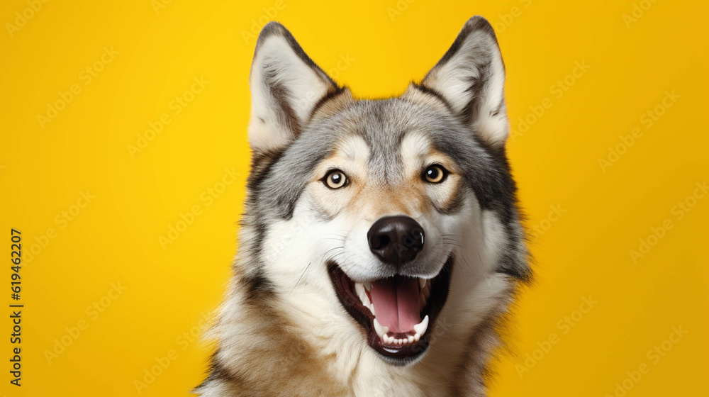 Wolf Looking at the Camera. Solid color background with empty space for text. Web Banner template. Generative AI
