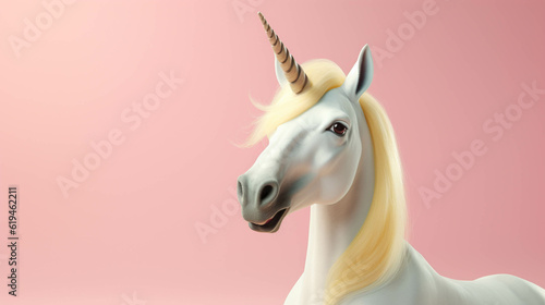 Unicorn Looking at the Camera. Solid color background with empty space for text. Web Banner template. Generative AI