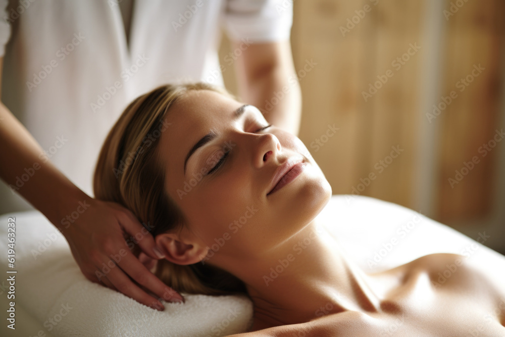 Woman receiving massage with hands behind her head Woman receiving massage with hands behind her head