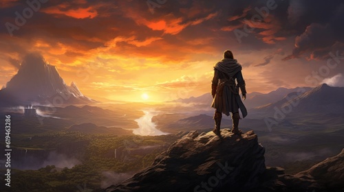 Gaming warrior standing on top of a mountain looking at sunset and valley. illustration © Pro Hi-Res