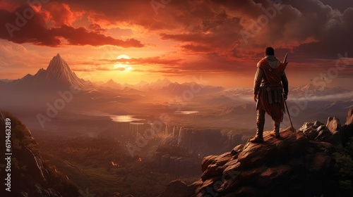 Gaming warrior standing on top of a mountain looking at sunset and valley. illustration