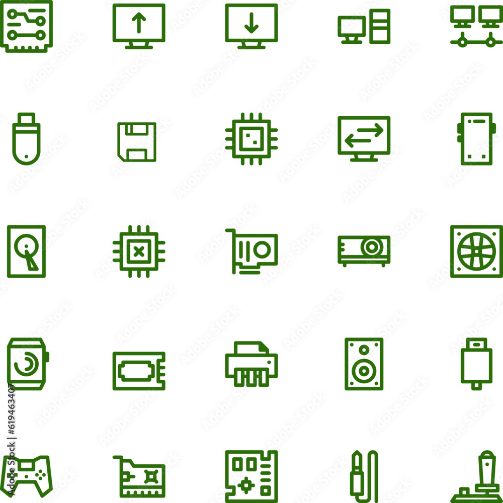 computer and hardware icon set, with green lines computer and hardware icon set, with green lines