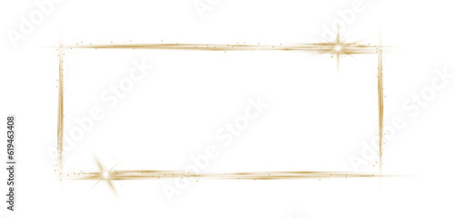 Gold frame with lighting effects. Shining sparkling rectangular banner on transparent background.