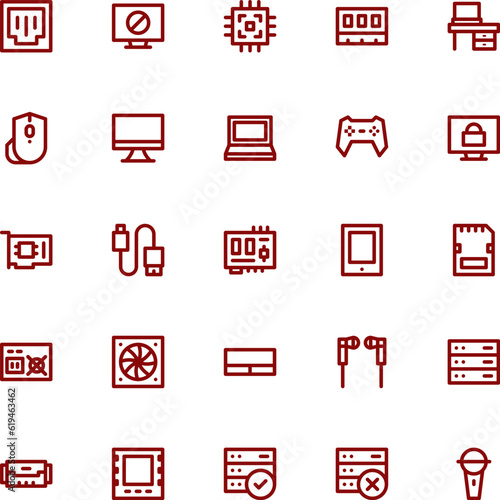 computer and hardware icon set, with red lines