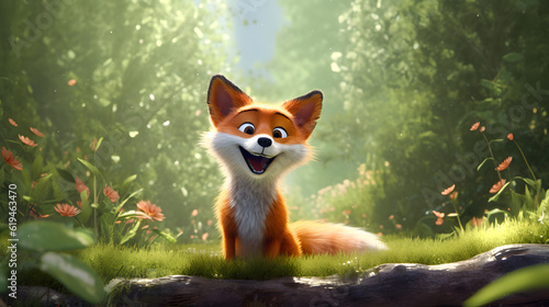 A realistic Pixar cartoon character inspired by a mischievous and intelligent fox, depicted in a natural woodland environment with dappled sunlight filtering through the trees.
