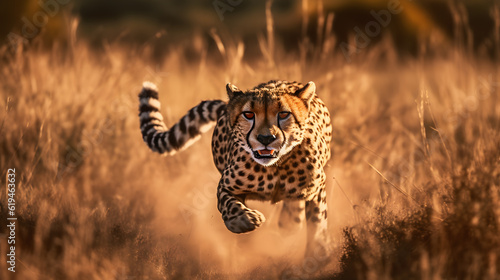 A captivating image of a cheetah sprinting across the African plains, with keywords: cheetah, wildlife, speed, grace, predator. Taken with a DSLR camera, using a telephoto lens, during golden hour, in © RuneBreinholt