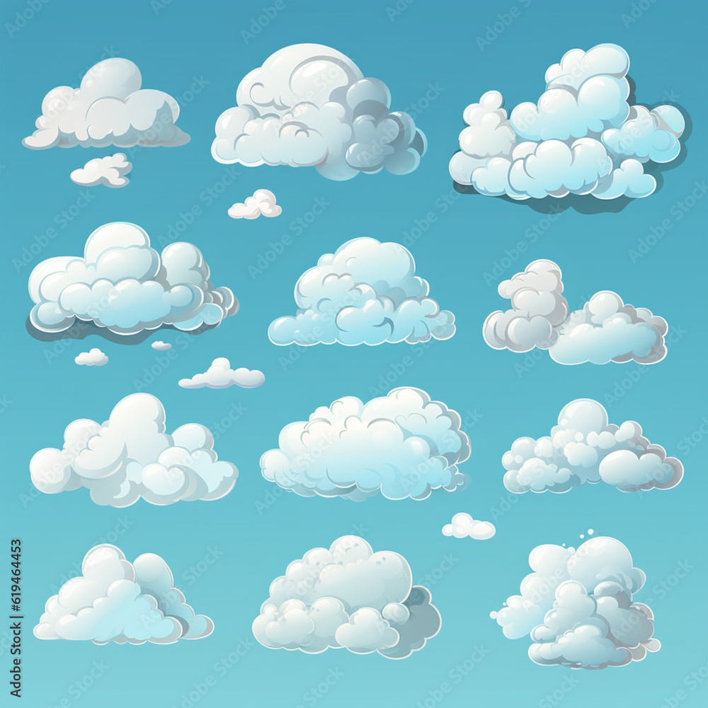 Clouds cartoon set in blue sky - ai generative Clouds cartoon set in blue sky - ai generative