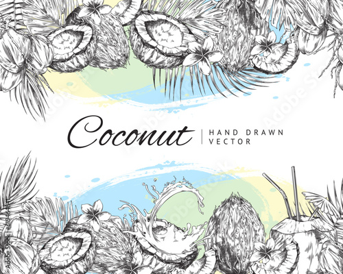 Vector hand drawn illustration of sketch tropical coconut cocktails with straw and umbrella, coconut milk splash, coconuts slices