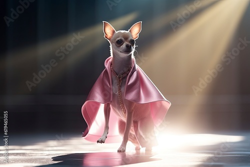 Illustration of a chihuahua dog wearing a dress like a model walks down the fashion runway or catwalk. The stage lights are focused on it. Generative Ai.