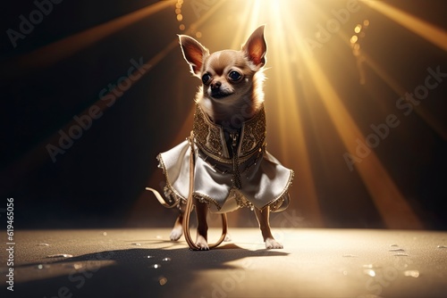 Illustration of a chihuahua dog wearing a dress like a model walks down the fashion runway or catwalk. The stage lights are focused on it. Generative Ai.