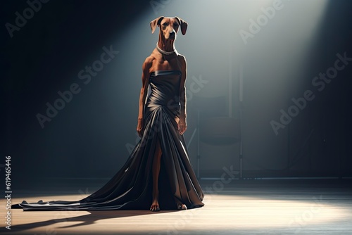 Fotografie, Tablou Illustration of a dobermann dog wearing a dress like a model walks down the fashion runway or catwalk