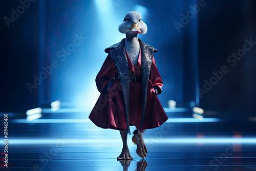 Illustration of  duck wearing a coat like a model walks down the fashion runway or catwalk. The stage lights are focused on it. Generative Ai.