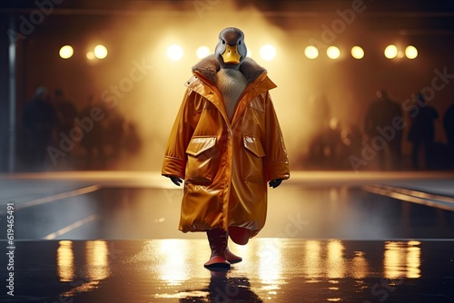 Illustration of  duck wearing a coat like a model walks down the fashion runway or catwalk. The stage lights are focused on it. Generative Ai.