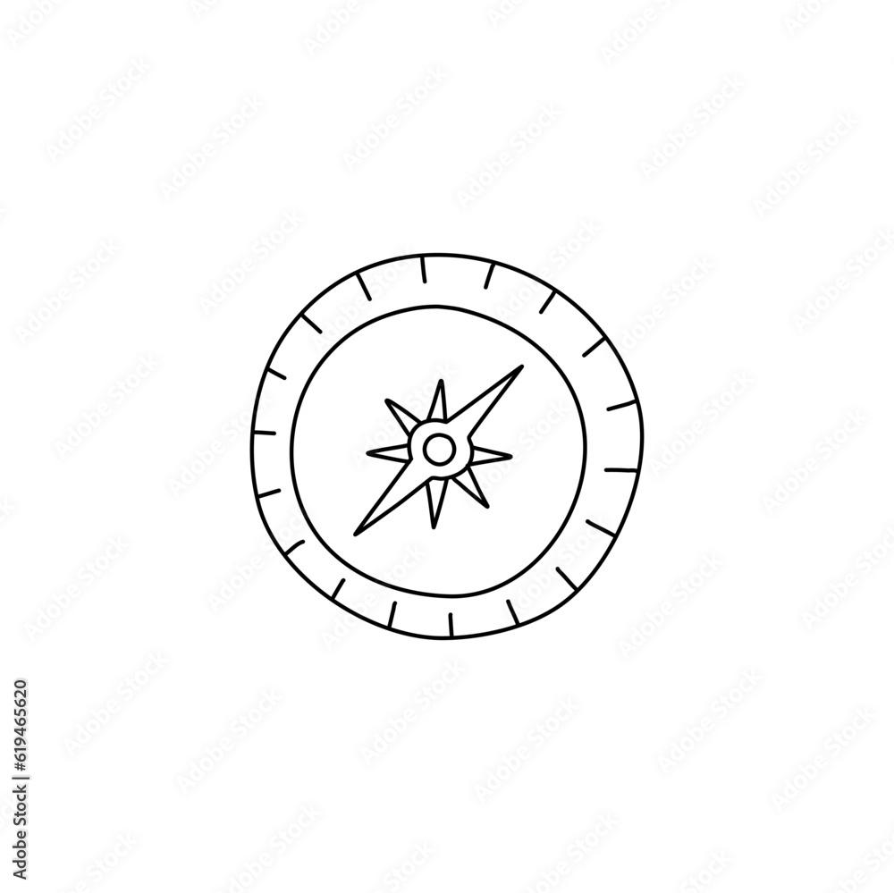 Doodle compass. Isolated on white background drawing for prints, poster, cute stationery, travel design. Hand-drawn vector.