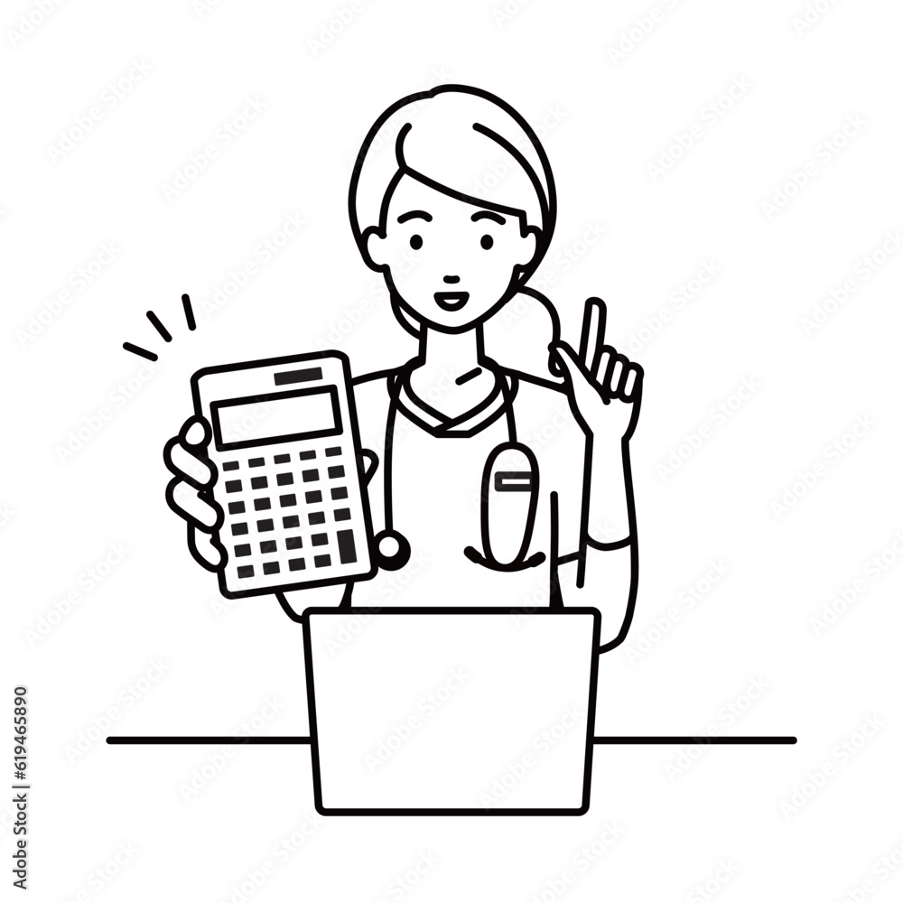 a nurse woman recommending, proposing, showing estimates and pointing a calculator with a smile in front of laptop pc a nurse woman recommending, proposing, showing estimates and pointing a calculator with a smile in front of laptop pc