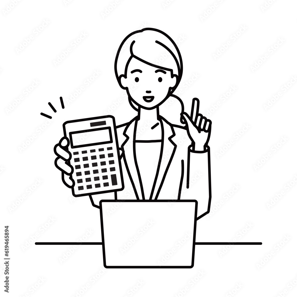 a woman in business suit style recommending, proposing, showing estimates and pointing a calculator with a smile in front of laptop pc