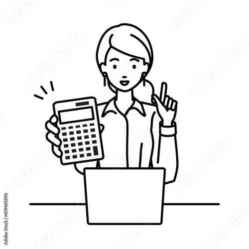 a woman in shirt work style recommending, proposing, showing estimates and pointing a calculator with a smile in front of laptop pc