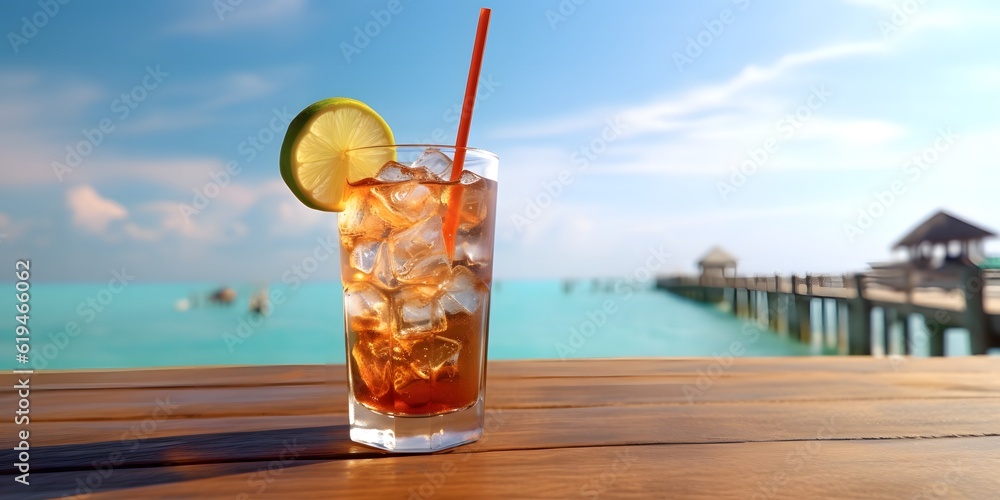 Concept of luxury vacation. Cuba Libre cocktail on the pier. Long island ice tea cocktail on the pier. Tropical vacation background. Right side angle. Clear blue sky. ocean beach on the background Concept of luxury vacation. Cuba Libre cocktail on the pier. Long island ice tea cocktail on the pier. Tropical vacation background. Right side angle. Clear blue sky. ocean beach on the background