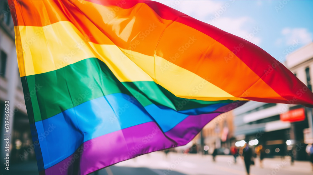 Rainbow flag, a symbol for the LGBT community, waving in the wind with ...