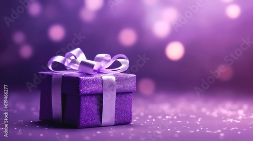 Festive banner with violet gift box on blurred purple background. Generative AI.