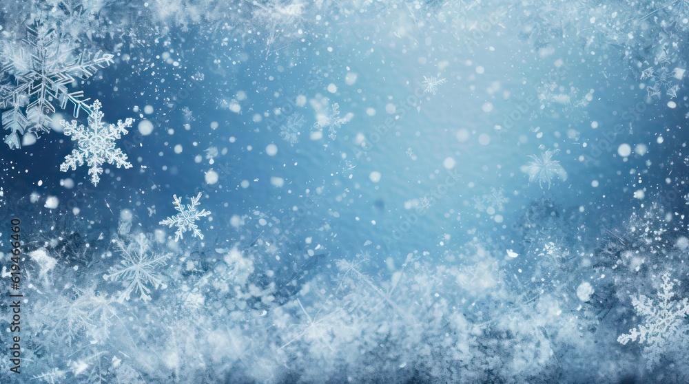 Blue winter background with falling snowflakes. Generative AI.