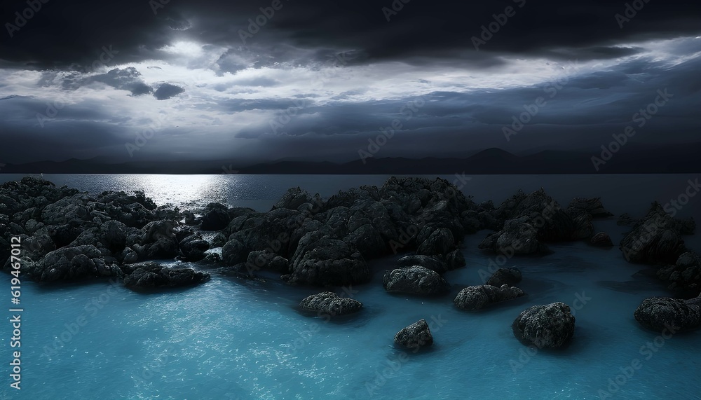 Obraz premium 輝く雲、夜の海と闇