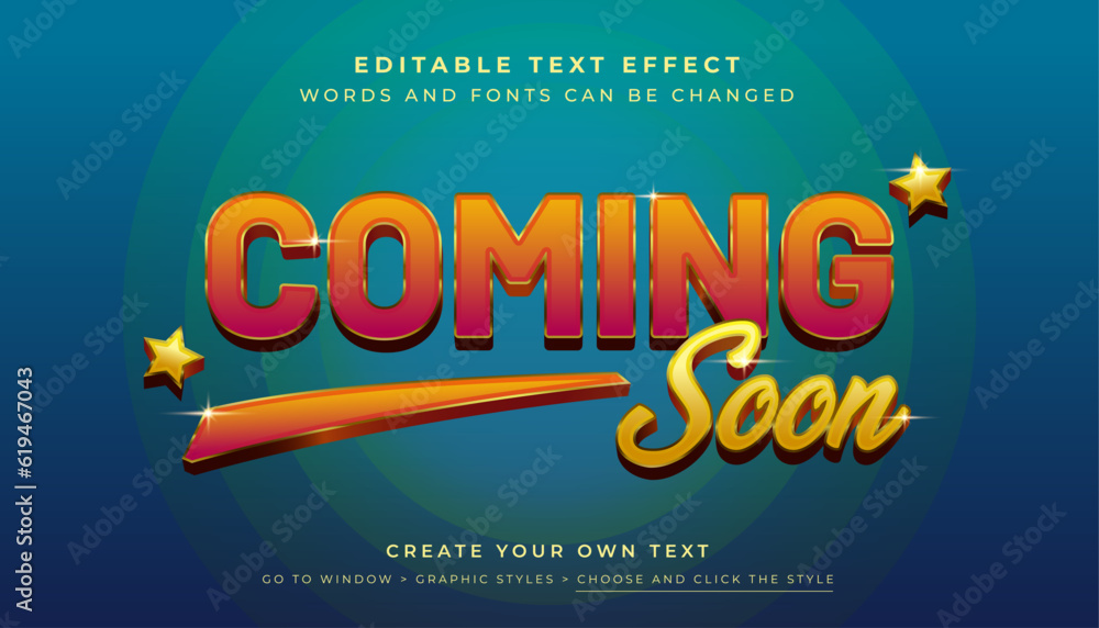 Premium Vector, Editable 3D shiny orange yellow text effect. Retro coming soon movie show graphic style 