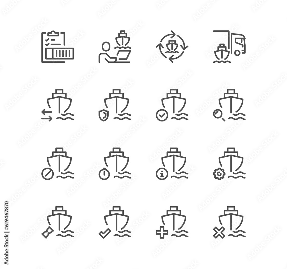 Set of ship management related icons, renting price, commercial fleet, ship route, container stacking and linear variety symbols.