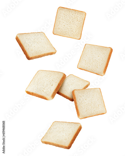 Falling sliced bread, toast isolated on white background, full depth of field