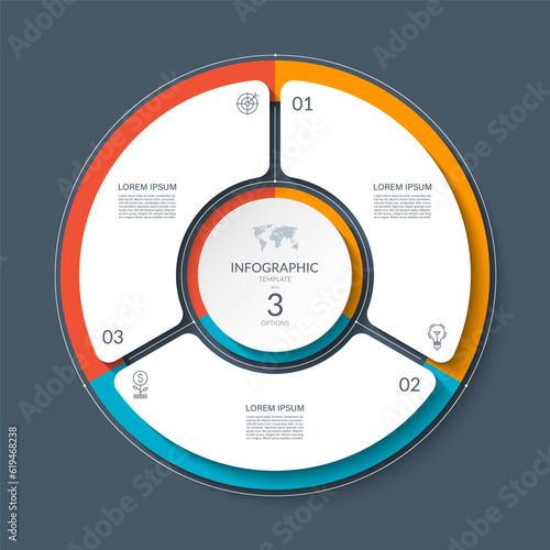 Infographic circle with 3 options, parts. 3-step cycle diagram for business infographics. Process chart, vector template for presentation, report, brochure, web, data visualization.