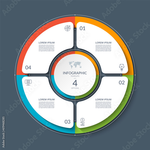 Infographic circle with 4 options, parts. 4-step cycle diagram for business infographics. Process chart, vector template for presentation, report, brochure, web, data visualization.