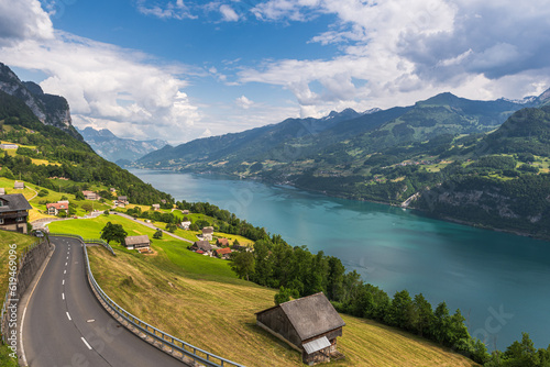 View of lake Walensee, Amden, Canton Sankt Gallen, Switzerland photo