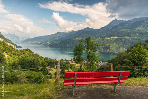 Bench with view of Lake Walensee, Weesen, Canton Sankt Gallen, Switzerland photo