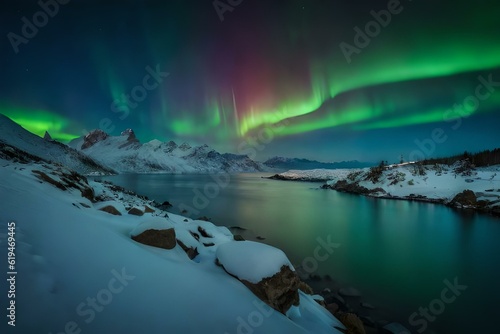 Beautiful aurora over the lake and mountains - AI Image