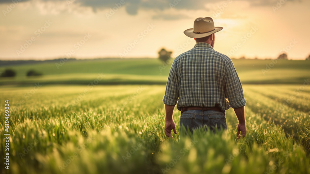 Farmer walking in the expanse of a wheat field.
