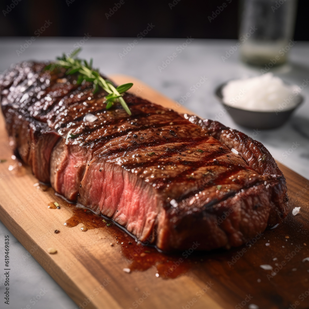 Medium Ribeye steak on wooden board