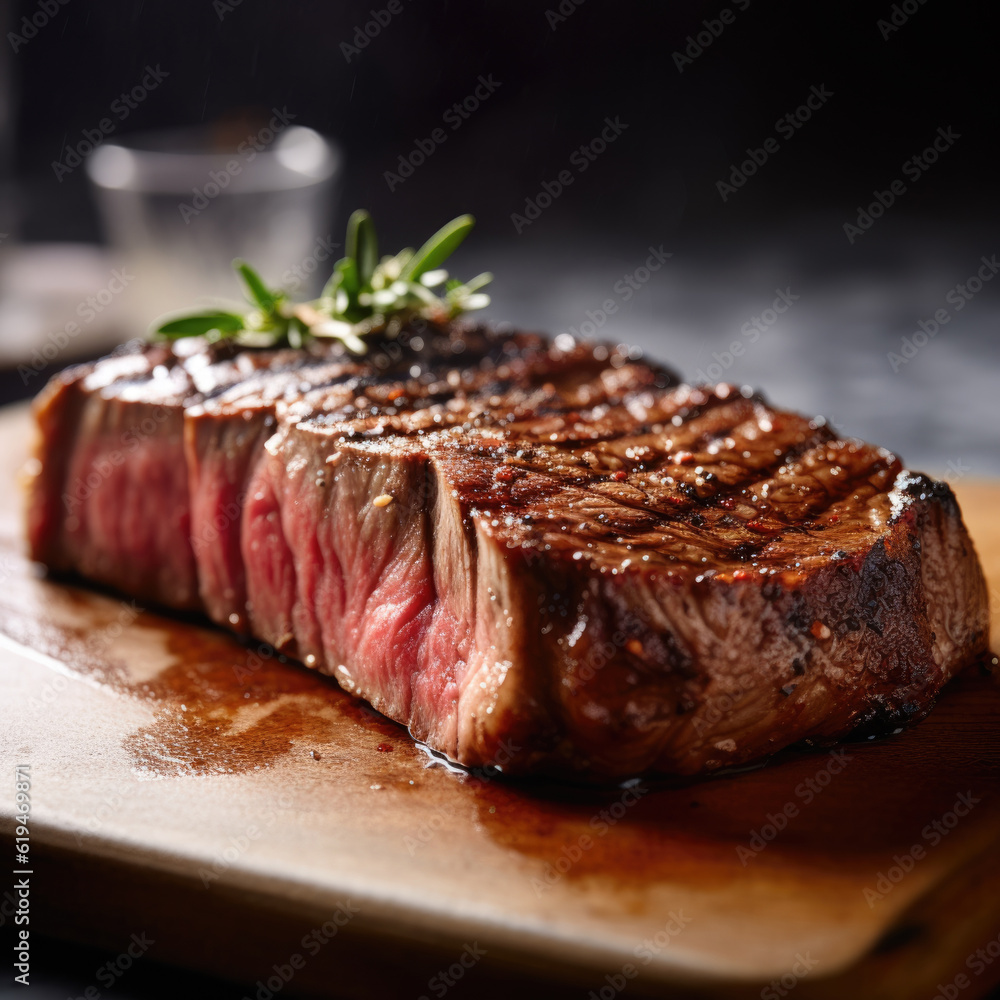 Medium Ribeye steak on wooden board