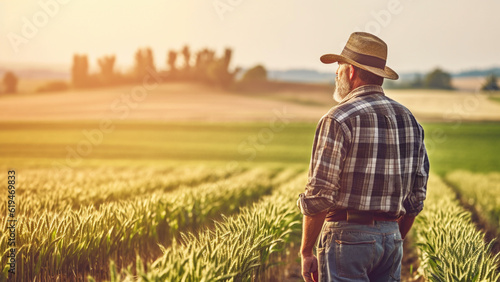 Farmer walking in the expanse of a wheat field. 